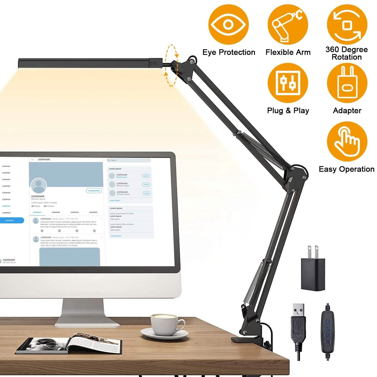 Lampe de lecture à LED avec pince Bras pivotant réglable