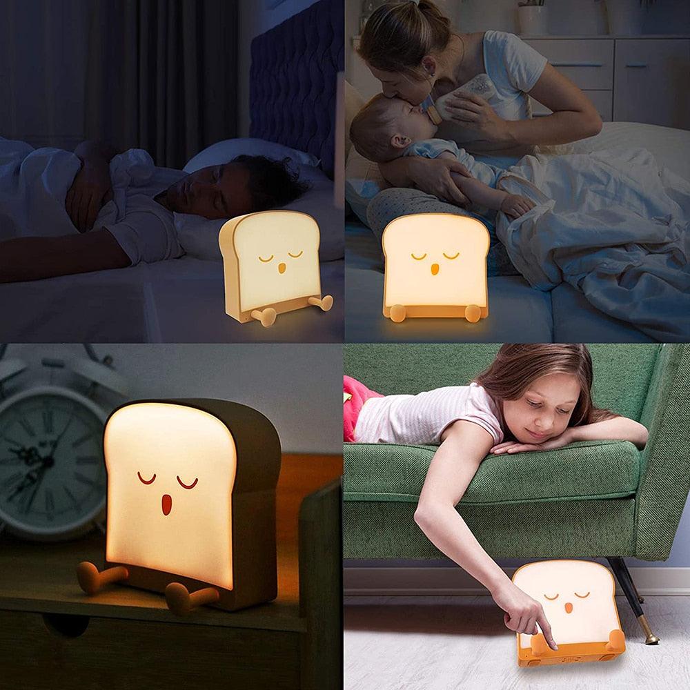 Veilleuse LED Toast avec support de téléphone en silicone, lampe de table à variation infinie, décoration de pain, lampe créative, lampe de table décorative, lampes de bureau mignonnes pour la décoration de chambre.