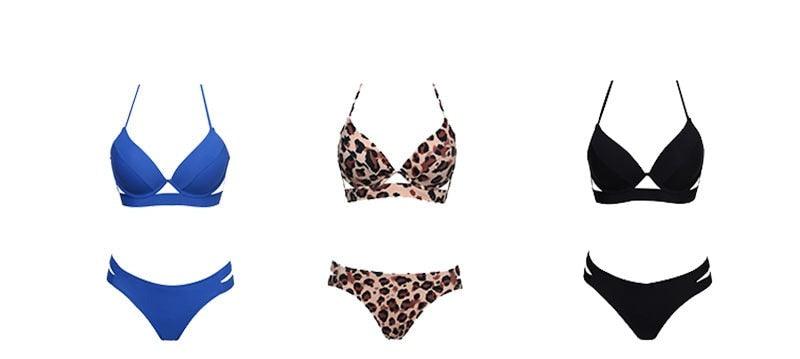 Maillots de bain léopard femme été bandeau sans bretelles maillots de bain femme licou triangle bas de bikini doux maillots de bain deux pièces taille basse push-up bikini ensemble de maillots de bain