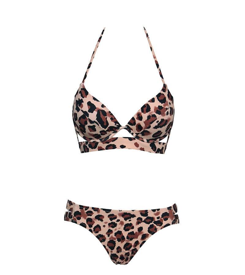 Maillots de bain léopard femme été bandeau sans bretelles maillots de bain femme licou triangle bas de bikini doux maillots de bain deux pièces taille basse push-up bikini ensemble de maillots de bain