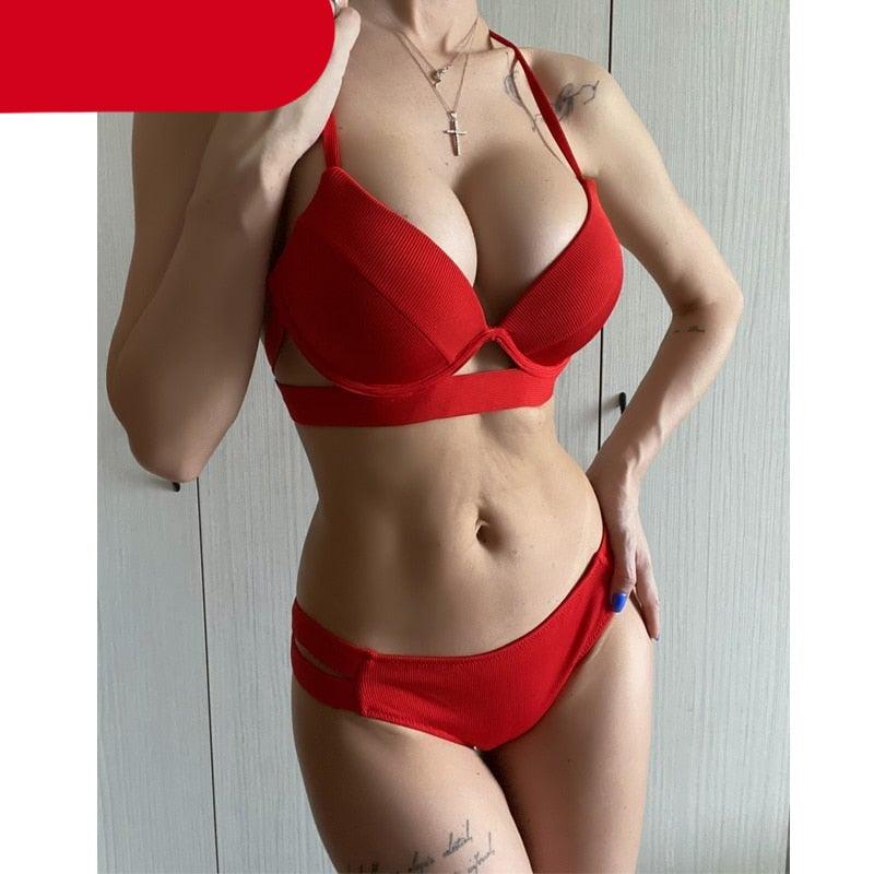Maillots de bain léopard femme été bandeau sans bretelles maillots de bain femme licou triangle bas de bikini doux maillots de bain deux pièces taille basse push-up bikini ensemble de maillots de bain