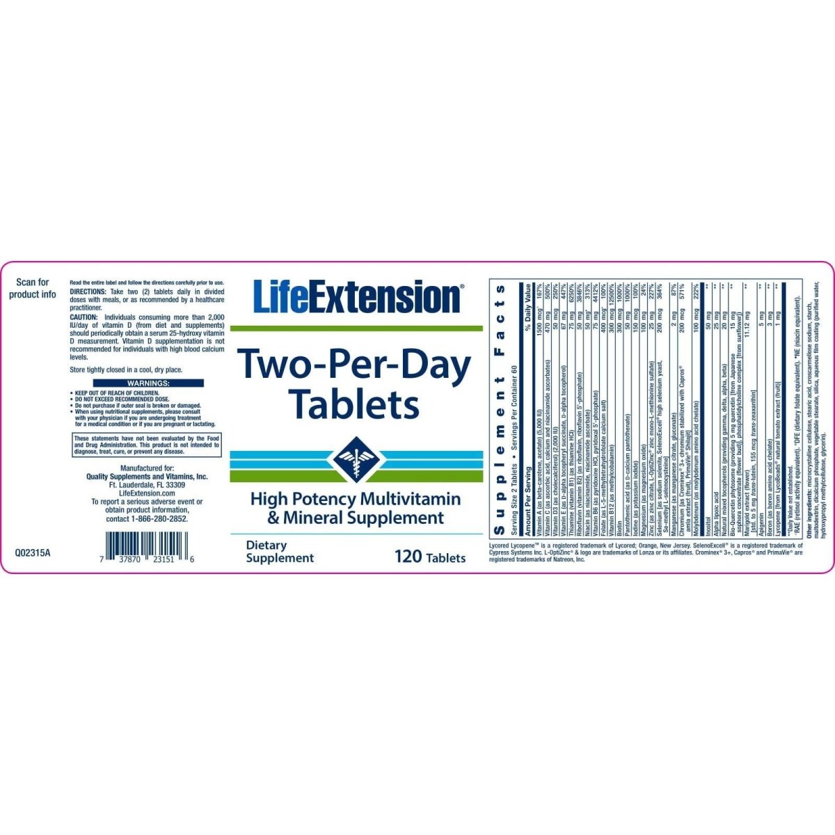 Life Extension Two-Per-Day Tablets Multivitamines et minéraux super-puissants 120 comprimés