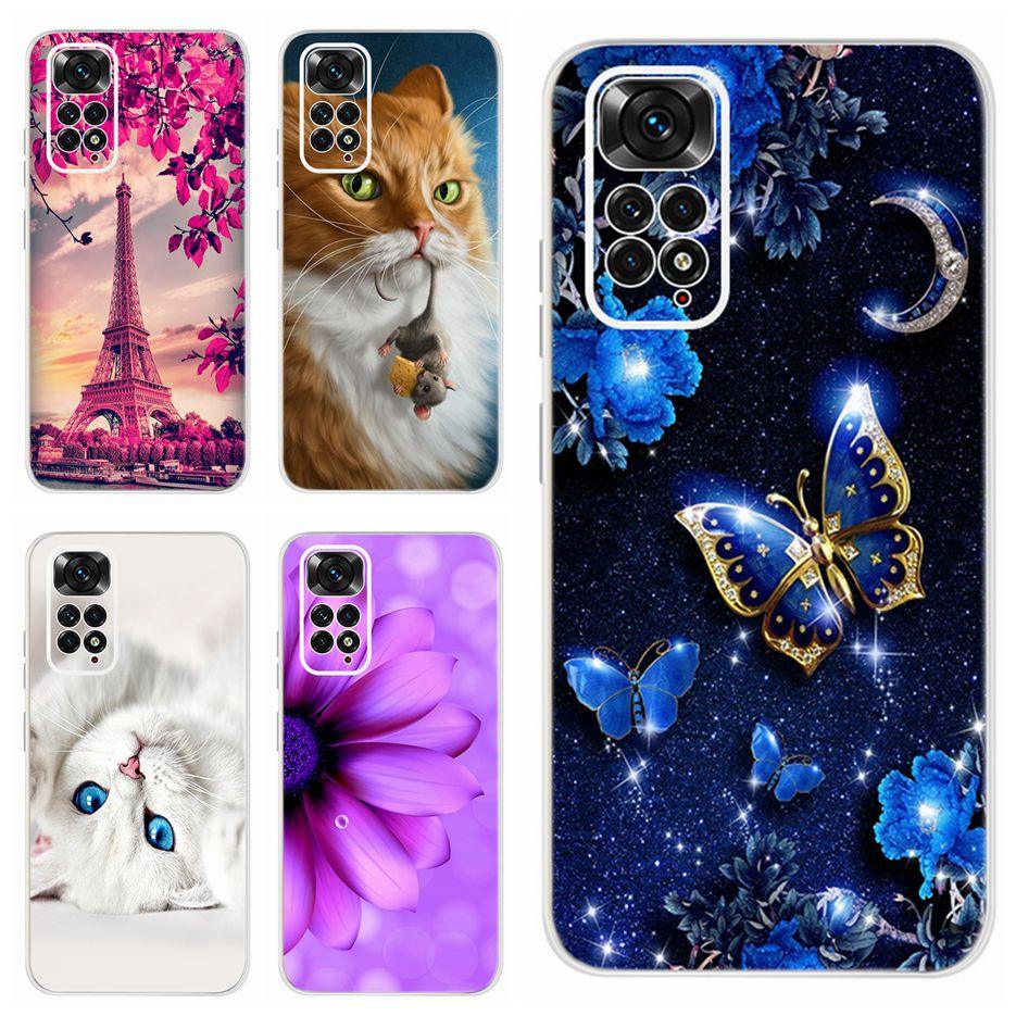 Étui lumineux pour coque de téléphone Redmi en PC souple et dur, antichoc, anti-rayures pour Xiaomi Redmi Note 11, étui de luxe avec motif chat papillon en silicone souple, protection complète pour Xiaomi Redmi Note 11S