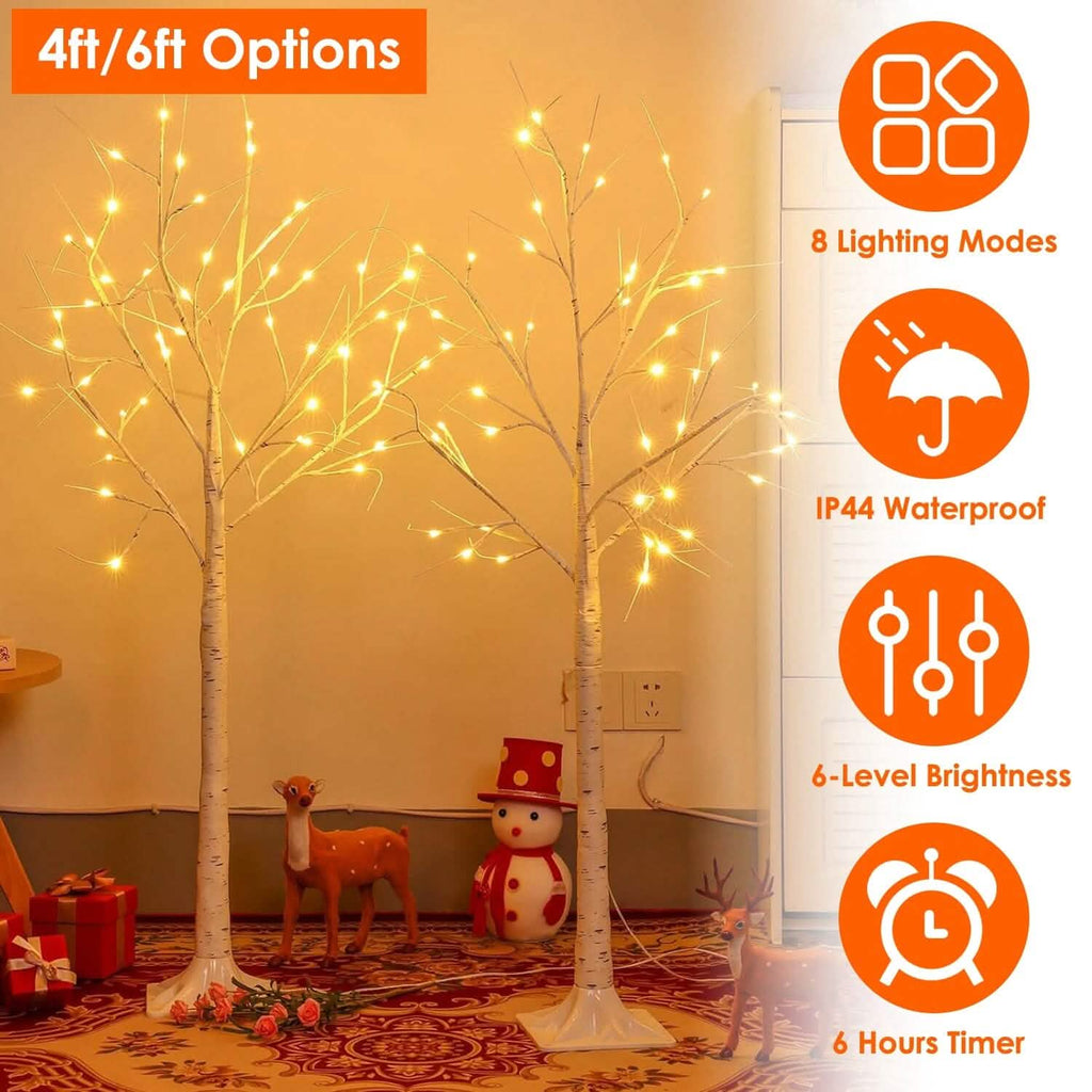 Arbre de bouleau lumineux – Arbre artificiel en bouleau blanc avec 8 modes d'éclairage blanc chaud