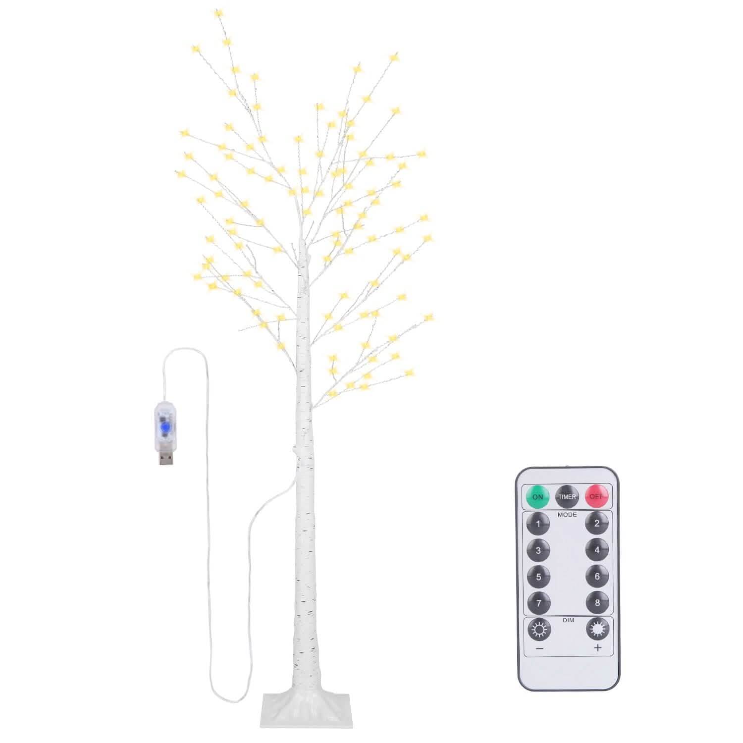 Arbre de bouleau lumineux – Arbre artificiel en bouleau blanc avec 8 modes d'éclairage blanc chaud