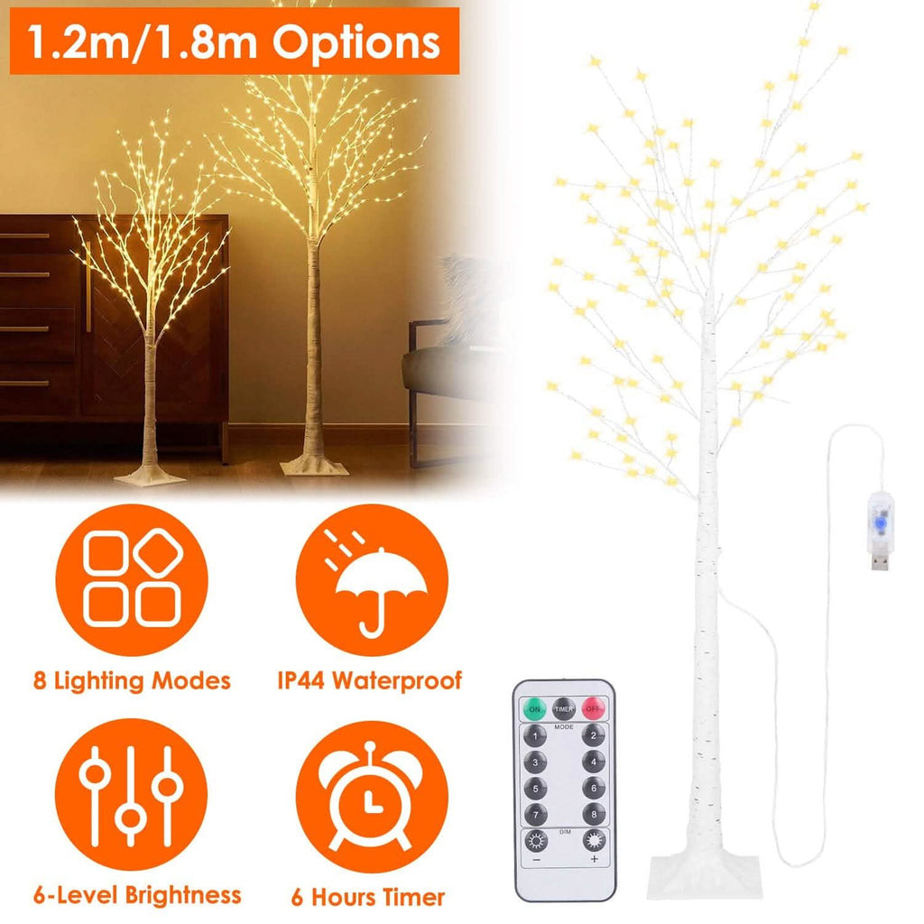Arbre de bouleau lumineux – Arbre artificiel en bouleau blanc avec 8 modes d'éclairage blanc chaud