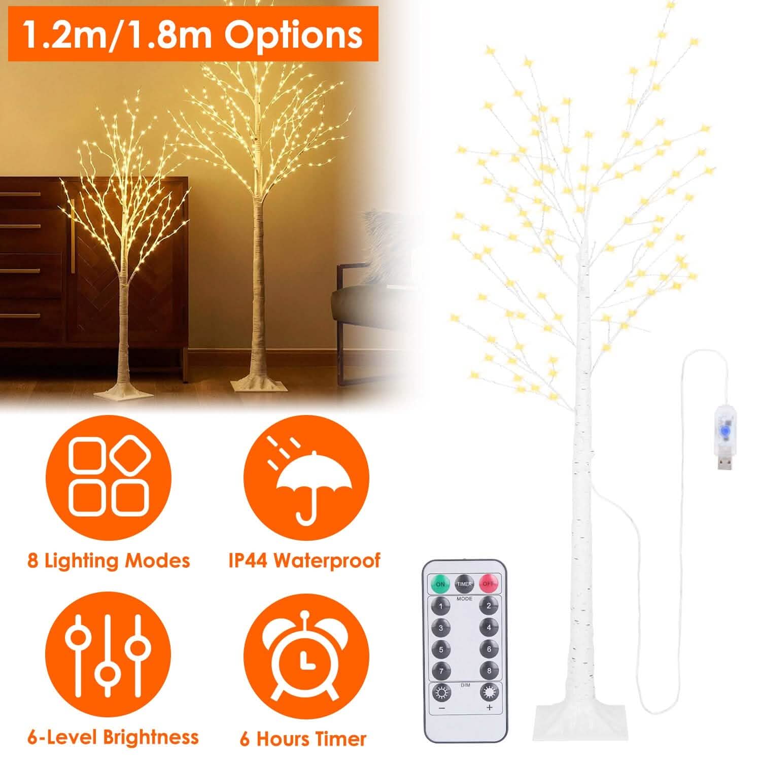 Arbre de bouleau lumineux – Arbre artificiel en bouleau blanc avec 8 modes d'éclairage blanc chaud
