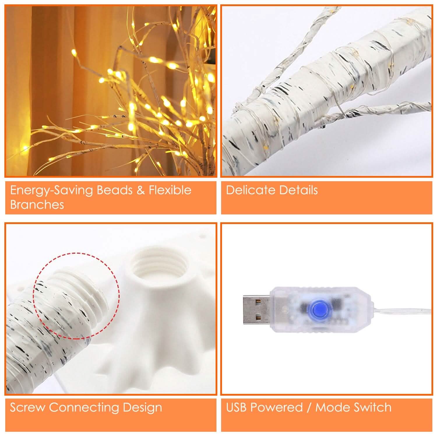 Arbre de bouleau lumineux – Arbre artificiel en bouleau blanc avec 8 modes d'éclairage blanc chaud