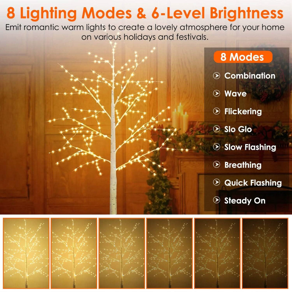 Arbre de bouleau lumineux – Arbre artificiel en bouleau blanc avec 8 modes d'éclairage blanc chaud