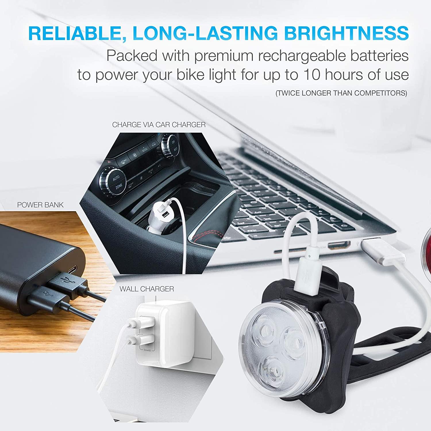 Ensemble d'éclairage de vélo USB rechargeable léger, phare avant super lumineux et feu arrière de vélo LED, 4 modes d'éclairage. Ensemble d'éclairage de vélo rechargeable USB, phare avant et feu arrière de vélo LED, batterie au lithium 650 mAh.
