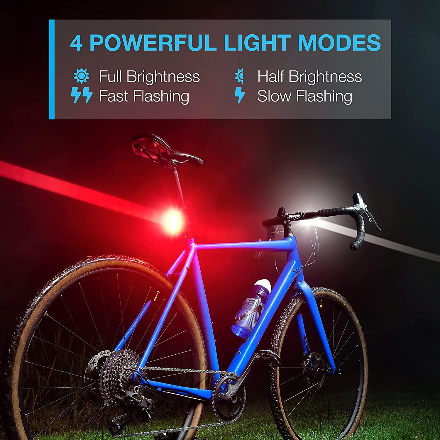 Ensemble d'éclairage de vélo USB rechargeable léger, phare avant super lumineux et feu arrière de vélo LED, 4 modes d'éclairage. Ensemble d'éclairage de vélo rechargeable USB, phare avant et feu arrière de vélo LED, batterie au lithium 650 mAh.