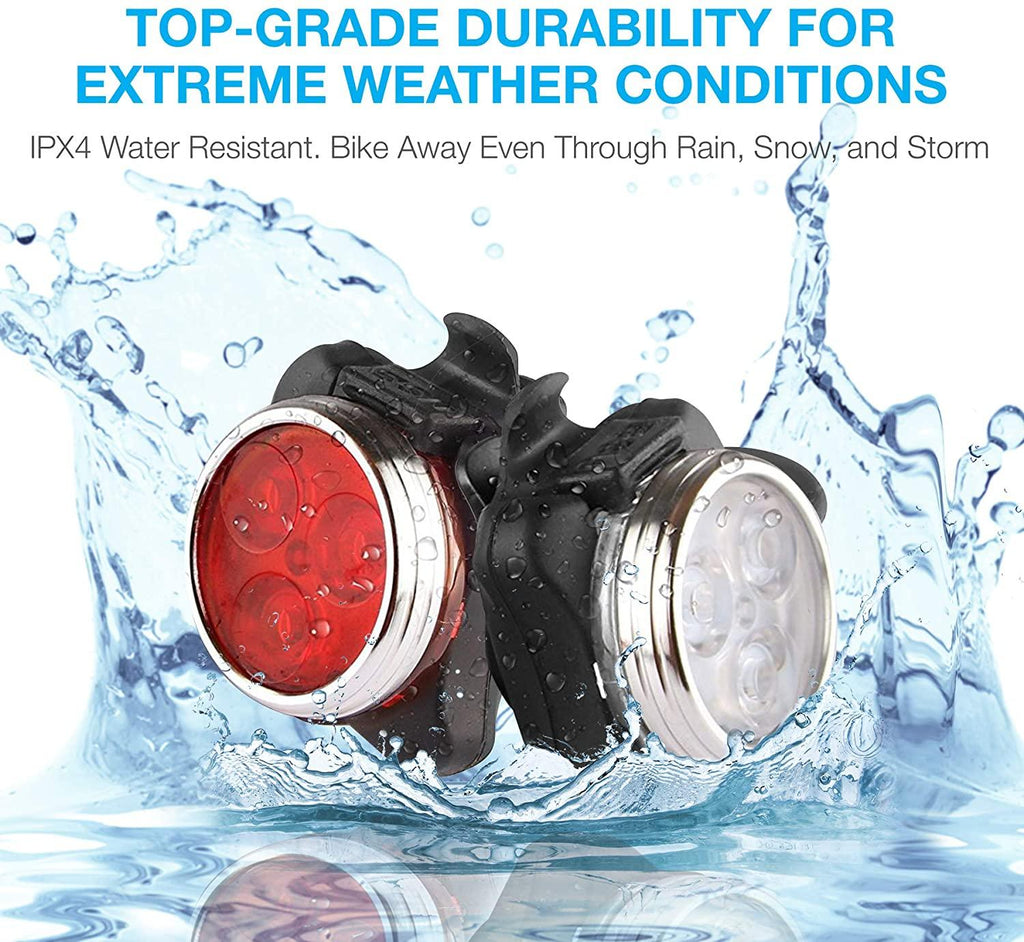 Ensemble d'éclairage de vélo USB rechargeable léger, phare avant super lumineux et feu arrière de vélo LED, 4 modes d'éclairage. Ensemble d'éclairage de vélo rechargeable USB, phare avant et feu arrière de vélo LED, batterie au lithium 650 mAh.