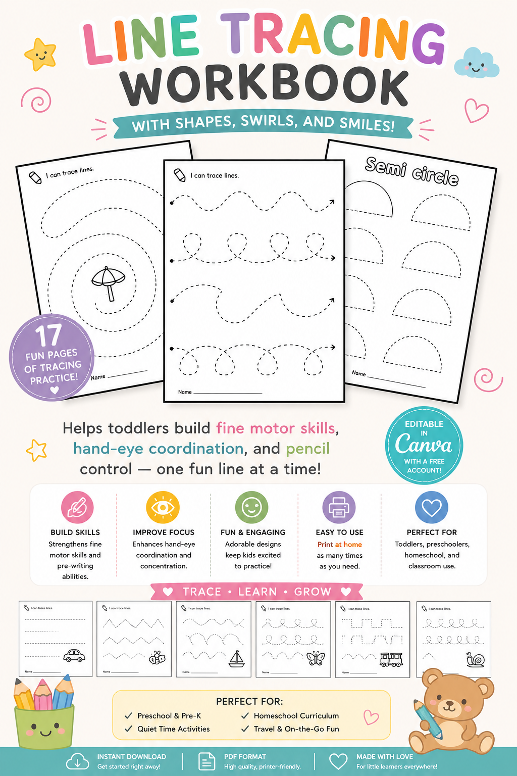 “I Can Trace!” – Fun & Easy Line Tracing Workbook for Toddlers (17 Pages) – Instant Download PDF