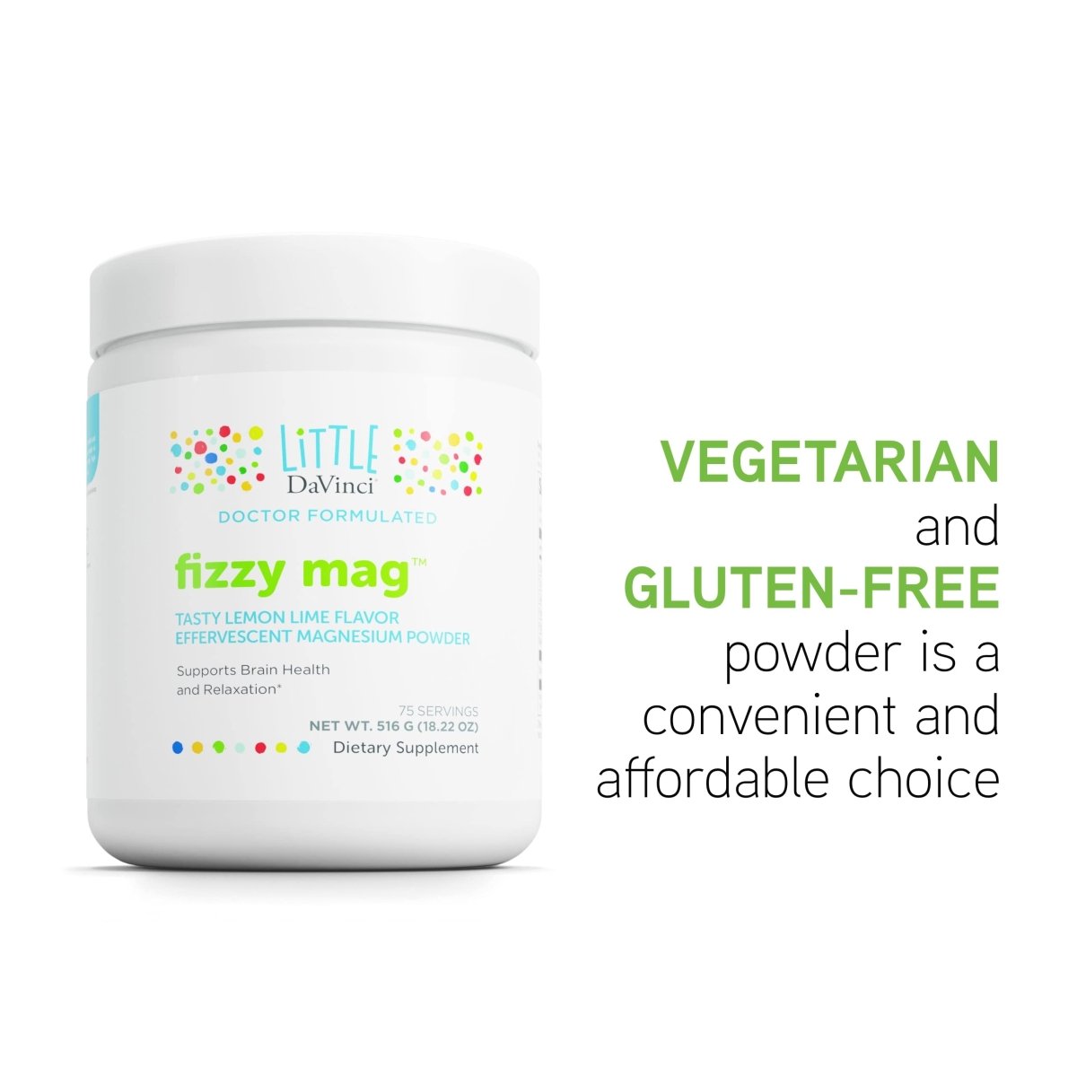 Little DaVinci Fizzy Mag - Effervescent Magnesium Supplement for Kids to Support Brain Health, Relaxation and Behavior - Lemon Lime Flavor - 516 g, 75 Servings