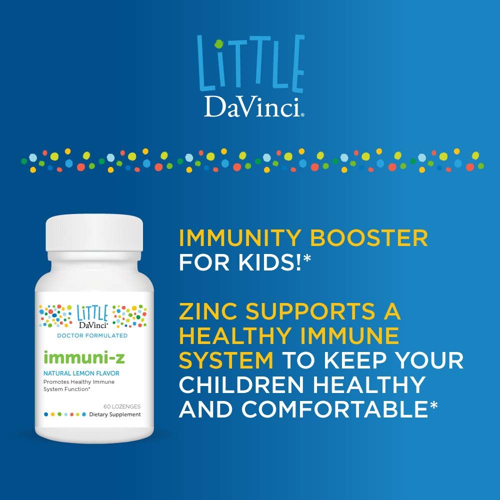 Little DaVinci Immuni-z - Kids Zinc Lozenge to Support Immune Health, Throat Tissue, Brain Health and Development, Sleep and Focus - Lemon Flavor - 60 Lozenges