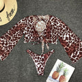 Maillot de bain bikini en maille à manches longues pour femmes, trois pièces, imprimé léopard, maillot de bain d'été brésilien 3 pièces, cache-maillot noué sur le devant et épaules dénudées avec ensemble bikini licou