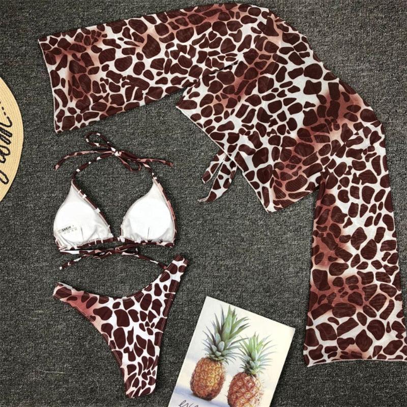 Maillot de bain bikini en maille à manches longues pour femmes, trois pièces, imprimé léopard, maillot de bain d'été brésilien 3 pièces, cache-maillot noué sur le devant et épaules dénudées avec ensemble bikini licou