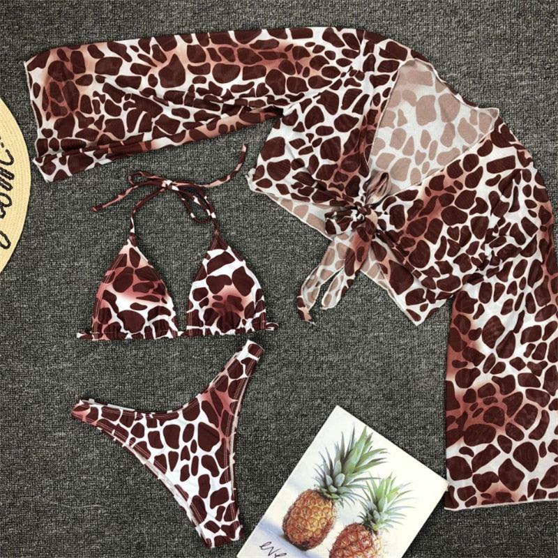 Maillot de bain bikini en maille à manches longues pour femmes, trois pièces, imprimé léopard, maillot de bain d'été brésilien 3 pièces, cache-maillot noué sur le devant et épaules dénudées avec ensemble bikini licou