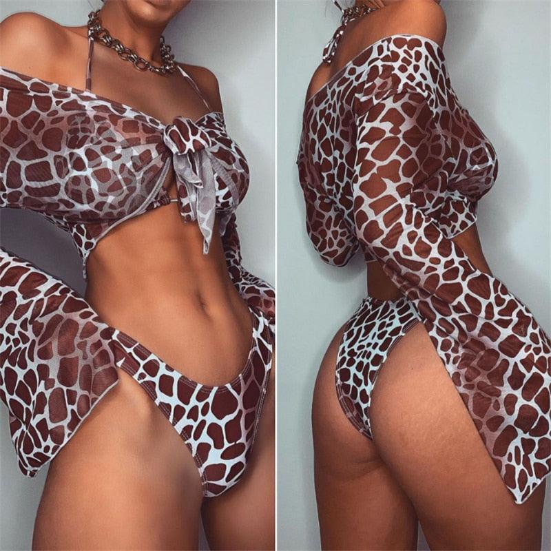 Maillot de bain bikini en maille à manches longues pour femmes, trois pièces, imprimé léopard, maillot de bain d'été brésilien 3 pièces, cache-maillot noué sur le devant et épaules dénudées avec ensemble bikini licou