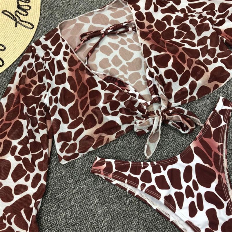 Maillot de bain bikini en maille à manches longues pour femmes, trois pièces, imprimé léopard, maillot de bain d'été brésilien 3 pièces, cache-maillot noué sur le devant et épaules dénudées avec ensemble bikini licou