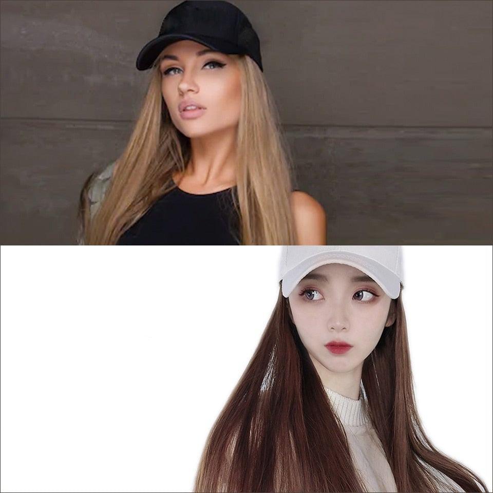 Longue Perruque Synthétique Droite avec Casquette de Baseball Cheveux Noirs Bruns Naturels Perruques à Chapeau Extensions de Cheveux Naturelles sans Couture pour Femmes Noires Perruques de Cosplay pour Femmes