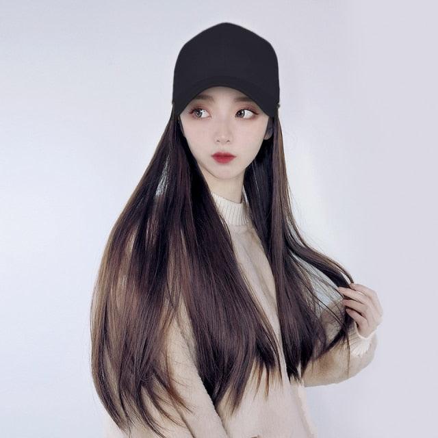 Longue Perruque Synthétique Droite avec Casquette de Baseball Cheveux Noirs Bruns Naturels Perruques à Chapeau Extensions de Cheveux Naturelles sans Couture pour Femmes Noires Perruques de Cosplay pour Femmes