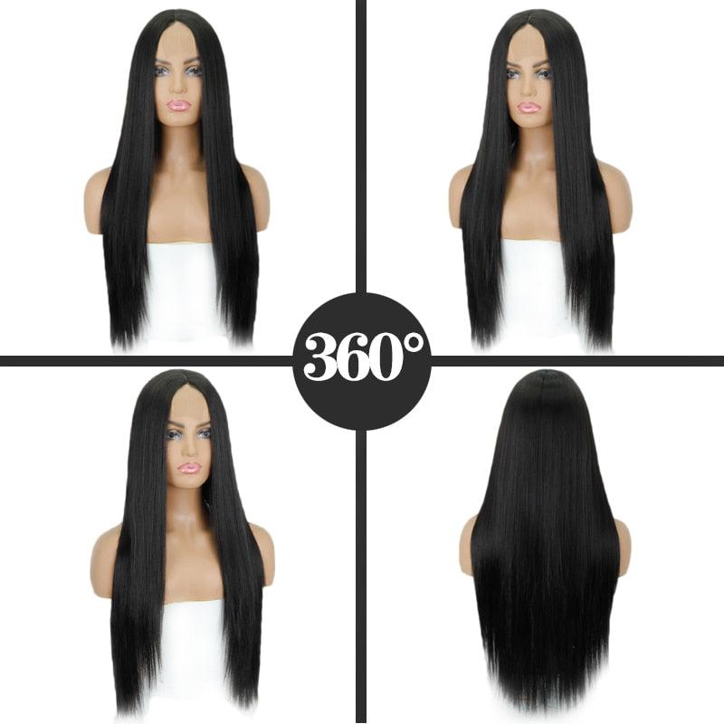 Longue perruque noire synthétique droite, longue perruque mélangée brune et blonde pour femmes noires, perruques naturelles à raie médiane pour femmes noires, perruques de cosplay pour femmes