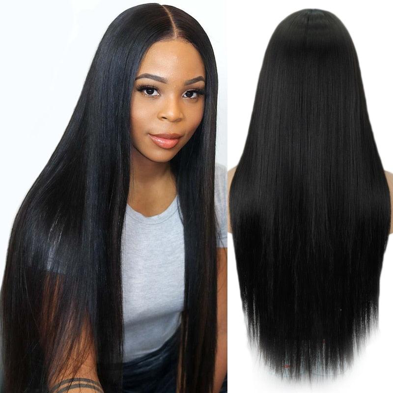 Longue perruque noire synthétique droite, longue perruque mélangée brune et blonde pour femmes noires, perruques naturelles à raie médiane pour femmes noires, perruques de cosplay pour femmes