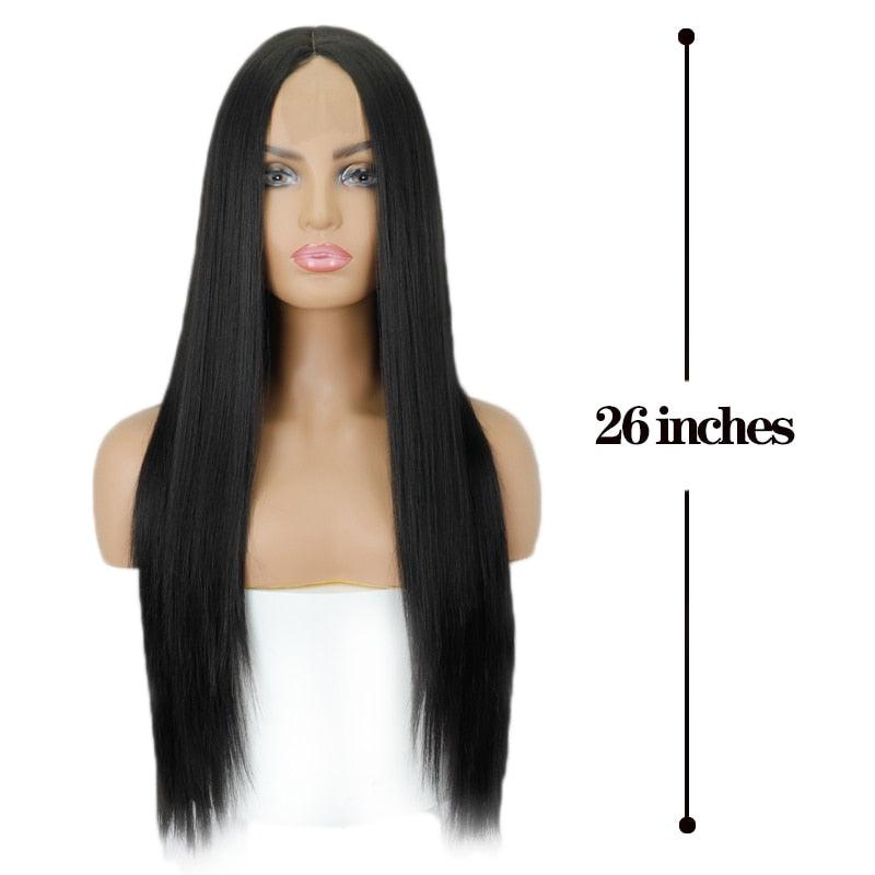 Longue perruque noire synthétique droite, longue perruque mélangée brune et blonde pour femmes noires, perruques naturelles à raie médiane pour femmes noires, perruques de cosplay pour femmes