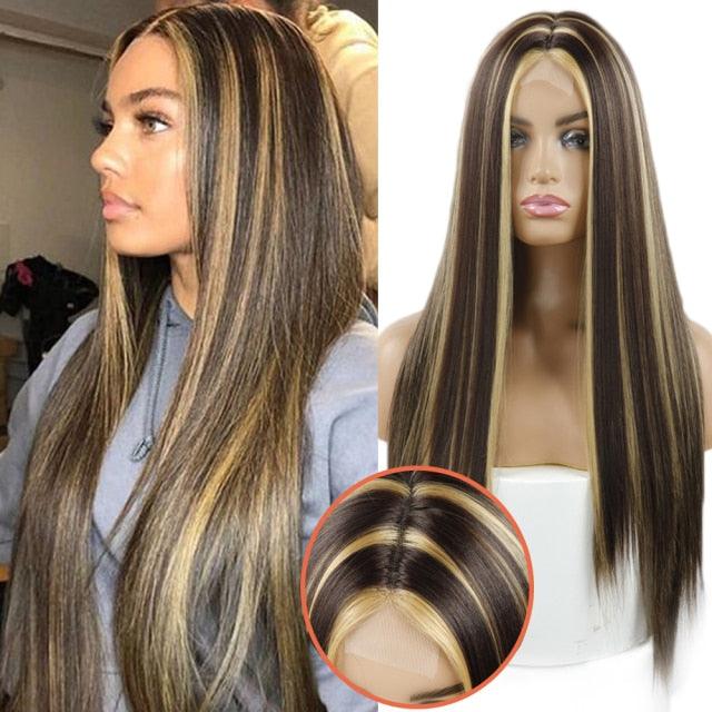 Longue perruque noire synthétique droite, longue perruque mélangée brune et blonde pour femmes noires, perruques naturelles à raie médiane pour femmes noires, perruques de cosplay pour femmes
