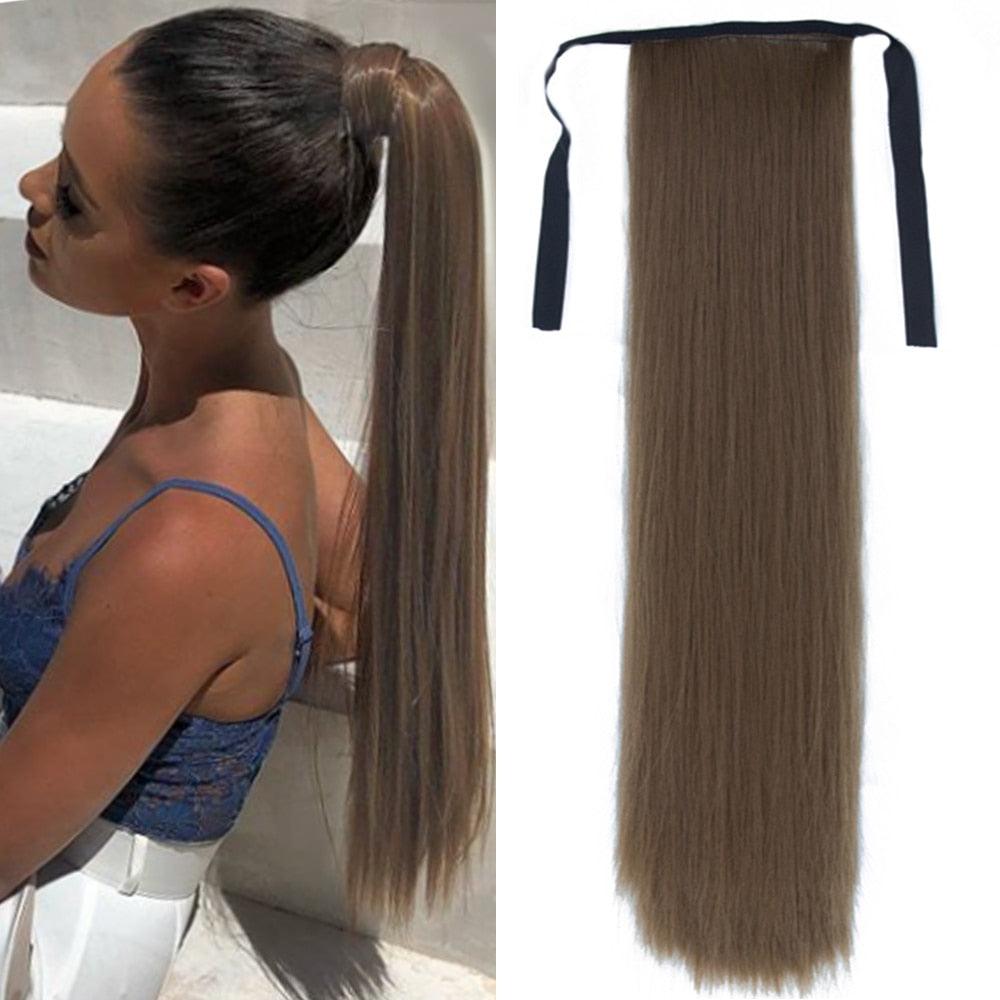 Longue queue de cheval synthétique droite, perruque naturelle à enrouler autour, extensions de cheveux à clipser, queue de cheval longue et naturelle noire, peigne à insérer pour femmes.