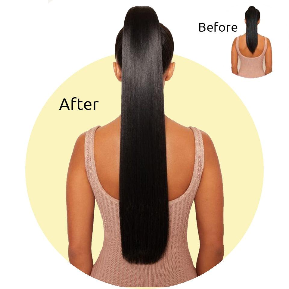 Longue queue de cheval synthétique droite, perruque naturelle à enrouler autour, extensions de cheveux à clipser, queue de cheval longue et naturelle noire, peigne à insérer pour femmes.