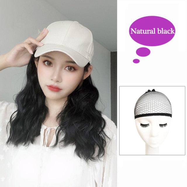 Perruque longue synthétique avec casquette de baseball, extensions de cheveux noirs naturels, perruque de cheveux de maïs naturelle, perruque ondulée, perruque chapeau, perruques ajustables pour femmes noires, perruques de cosplay pour femmes