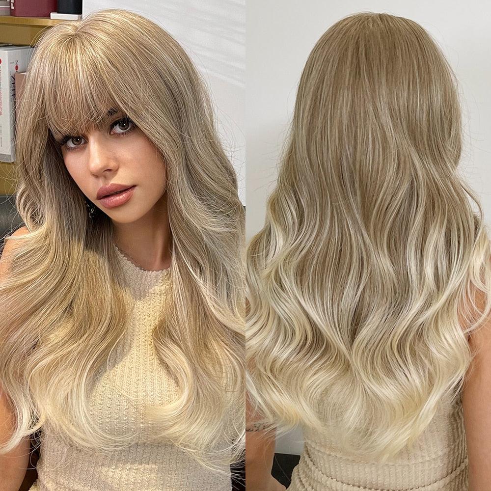 Longues perruques pour femmes avec frange Ombre Brun Platine Blond Perruques Raie latérale Synthétiques Ondulées Perruques Femmes Cosplay Fête Perruques Pour Femmes Noires Perruques Cosplay Pour Femmes