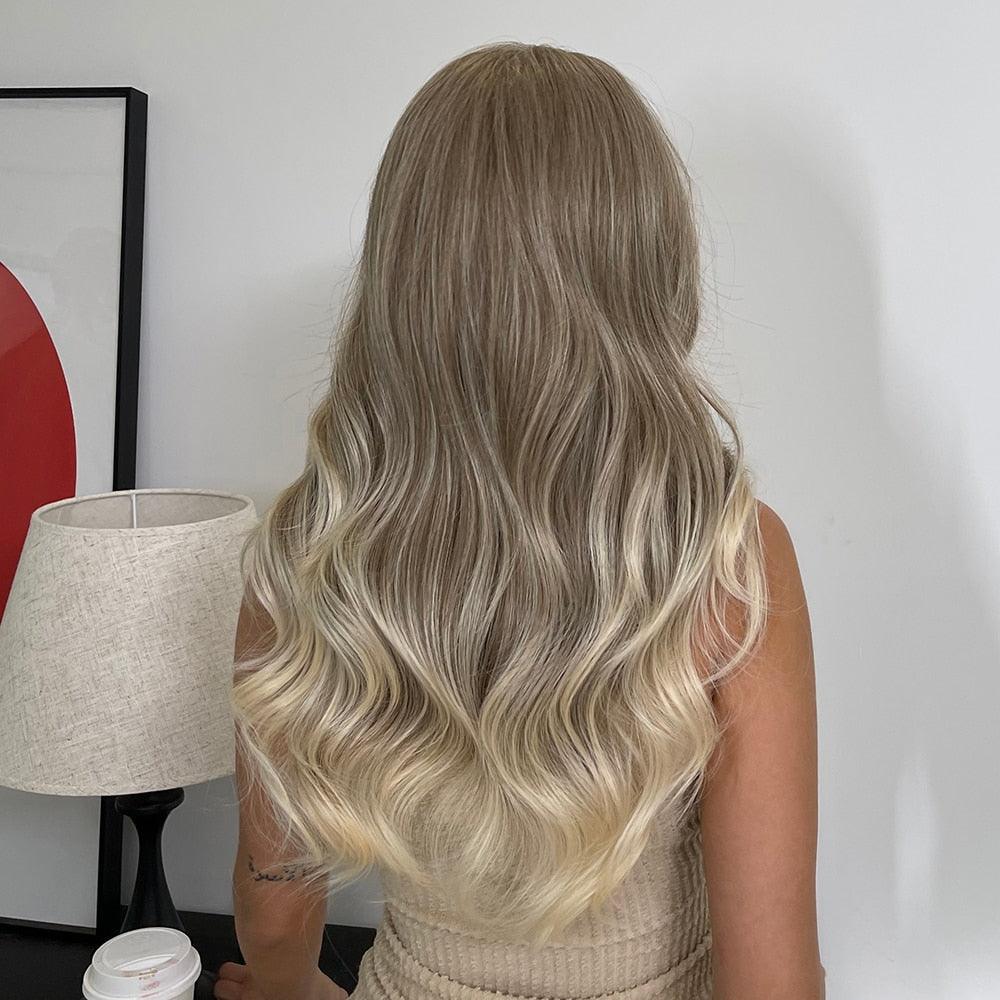 Longues perruques pour femmes avec frange Ombre Brun Platine Blond Perruques Raie latérale Synthétiques Ondulées Perruques Femmes Cosplay Fête Perruques Pour Femmes Noires Perruques Cosplay Pour Femmes