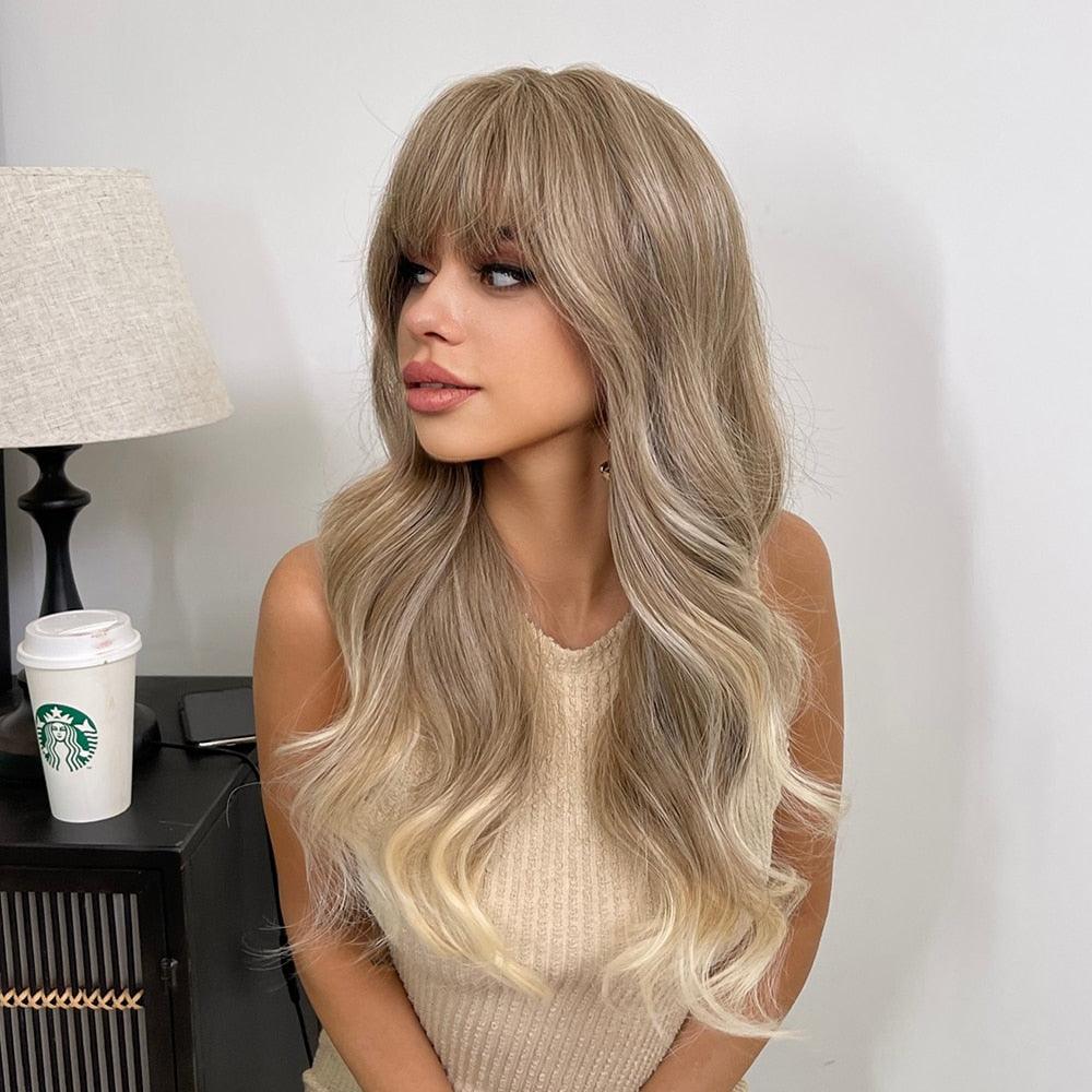 Longues perruques pour femmes avec frange Ombre Brun Platine Blond Perruques Raie latérale Synthétiques Ondulées Perruques Femmes Cosplay Fête Perruques Pour Femmes Noires Perruques Cosplay Pour Femmes