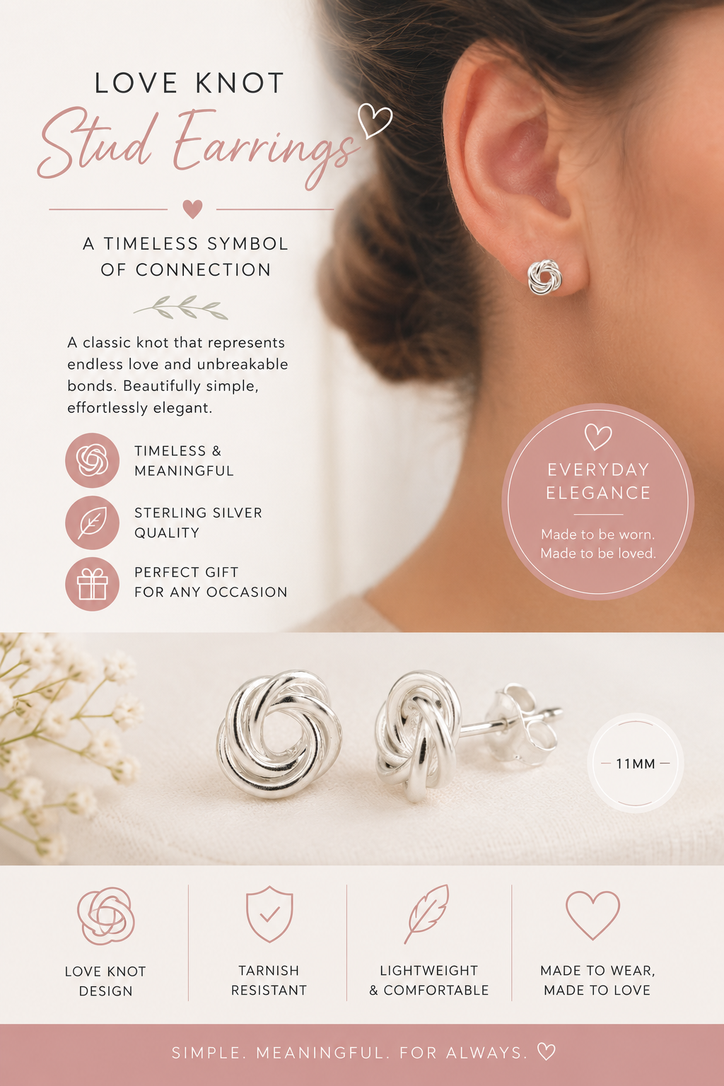 Love Knot Stud Earrings – Sterling Silver, 11mm