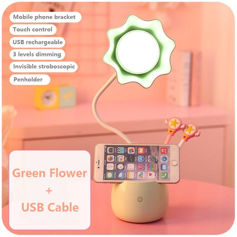 Belle Lampe de Lecture à Variateur 3 Niveaux avec Socle Porte-Stylo, Lampe de Bureau LED pour Étudiants, Lampe de Chevet Rechargeable pour Filles pour Chambre et Salle d'Étude, Jolies Lampes d'Étude pour Décoration de Chambre