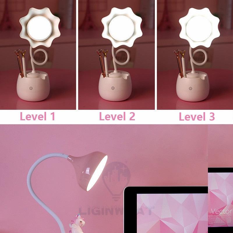 Belle Lampe de Lecture à Variateur 3 Niveaux avec Socle Porte-Stylo, Lampe de Bureau LED pour Étudiants, Lampe de Chevet Rechargeable pour Filles pour Chambre et Salle d'Étude, Jolies Lampes d'Étude pour Décoration de Chambre