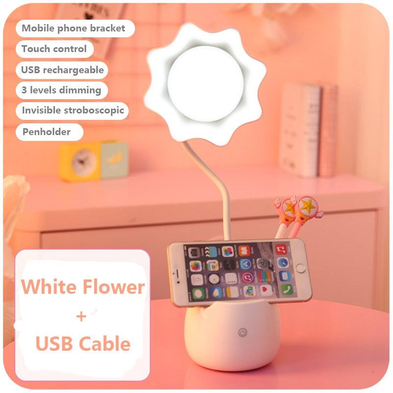Belle Lampe de Lecture à Variateur 3 Niveaux avec Socle Porte-Stylo, Lampe de Bureau LED pour Étudiants, Lampe de Chevet Rechargeable pour Filles pour Chambre et Salle d'Étude, Jolies Lampes d'Étude pour Décoration de Chambre