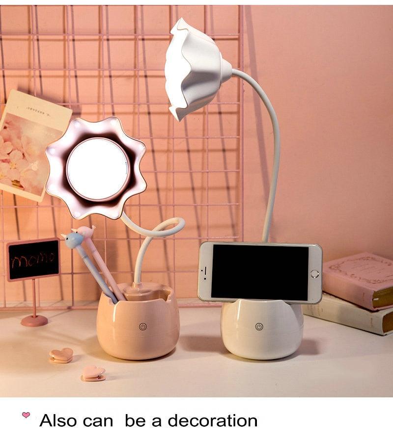 Belle Lampe de Lecture à Variateur 3 Niveaux avec Socle Porte-Stylo, Lampe de Bureau LED pour Étudiants, Lampe de Chevet Rechargeable pour Filles pour Chambre et Salle d'Étude, Jolies Lampes d'Étude pour Décoration de Chambre