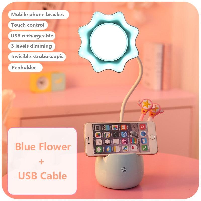 Belle Lampe de Lecture à Variateur 3 Niveaux avec Socle Porte-Stylo, Lampe de Bureau LED pour Étudiants, Lampe de Chevet Rechargeable pour Filles pour Chambre et Salle d'Étude, Jolies Lampes d'Étude pour Décoration de Chambre