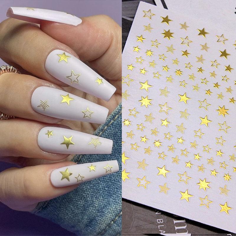 Magnifique autocollant 3D pour ongles Étoiles Géométriques, Ornements Or Argent Or rose, Auto-adhésif, Accessoires de manucure pour femmes et filles, Autocollants artistiques Décalcomanies Décoration, Ligne de bande courbée métallique pour ongles
