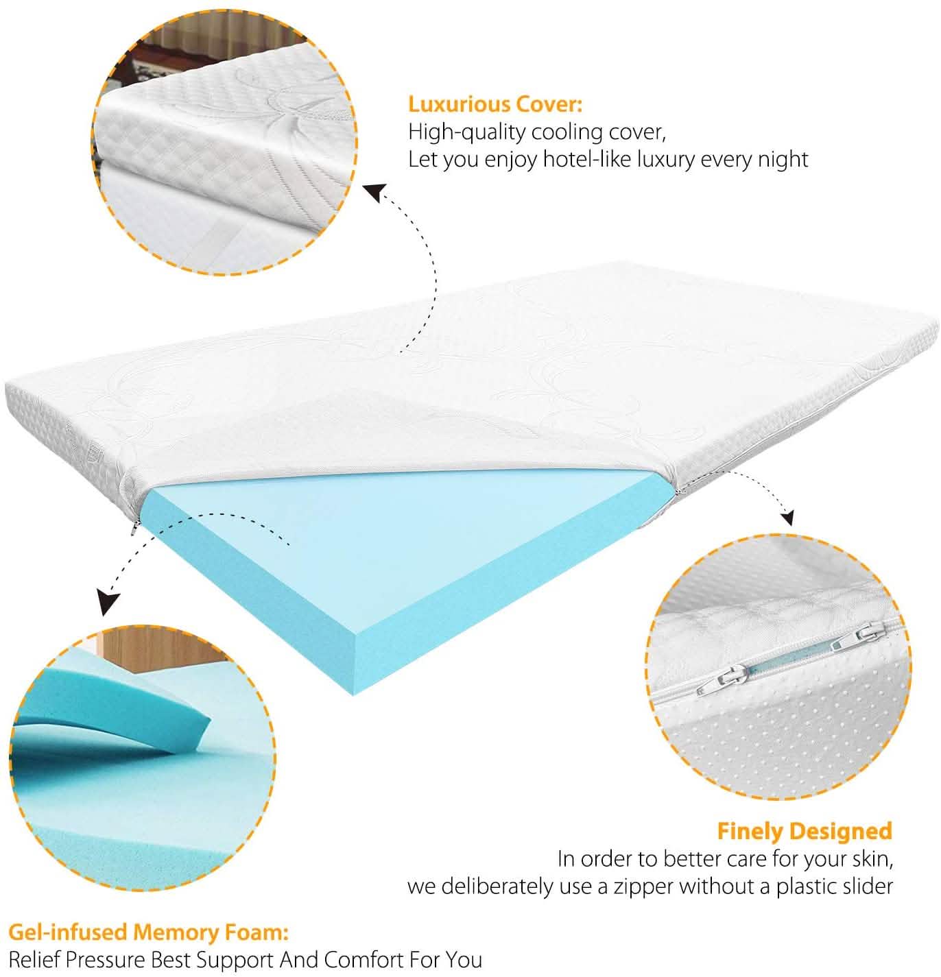 Surmatelas en mousse à mémoire de forme infusée de gel LSOFT avec bande élastique d'ancrage aux 4 coins Housse de lit lavable