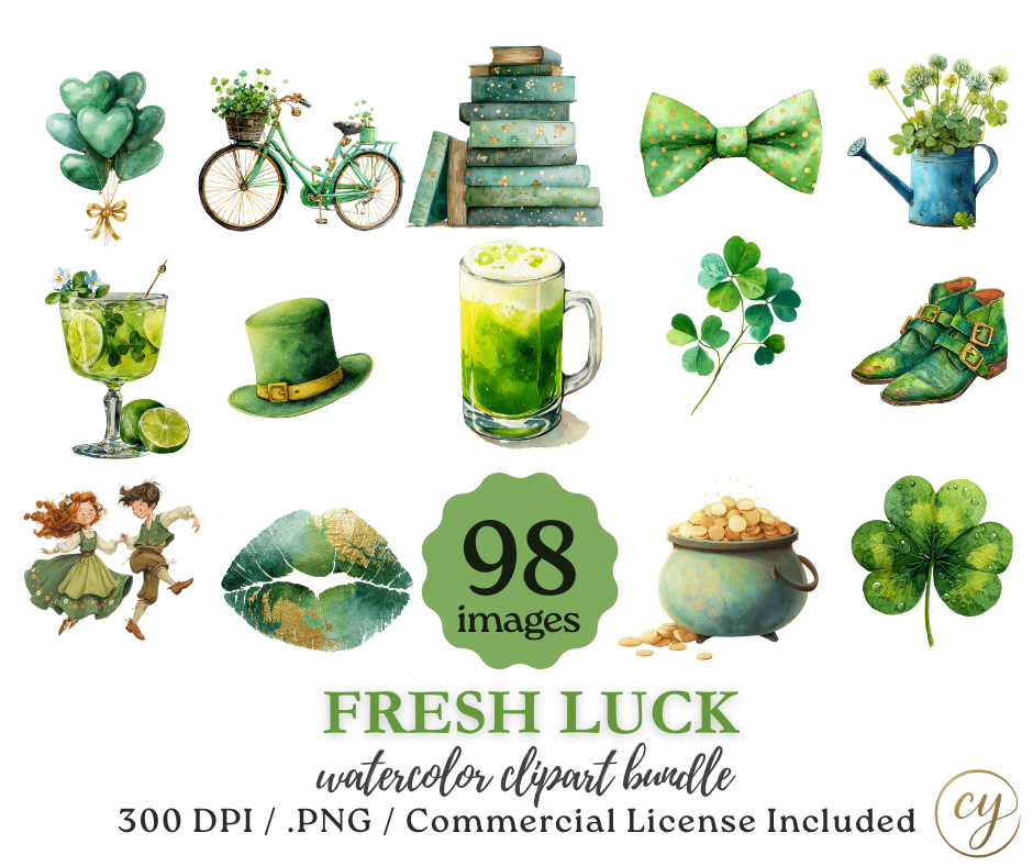 Fresh Luck – Modern St. Patrick’s Watercolor Clipart Bundle (98 Images)