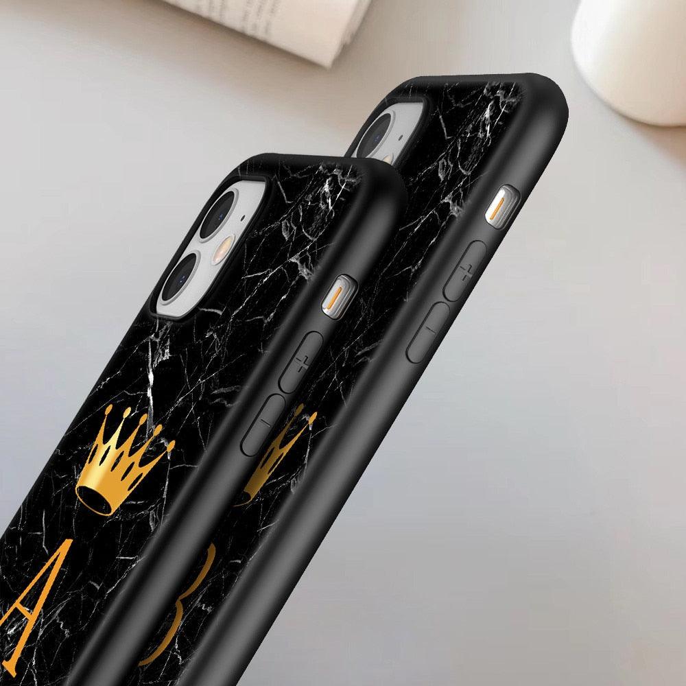 Étui de téléphone à la mode en silicone souple noir marbré de luxe avec lettre couronne pour iPhone 13 Pro Max 13 Mini Étui antichoc Mince et ajusté Housse arrière de téléphone portable noire