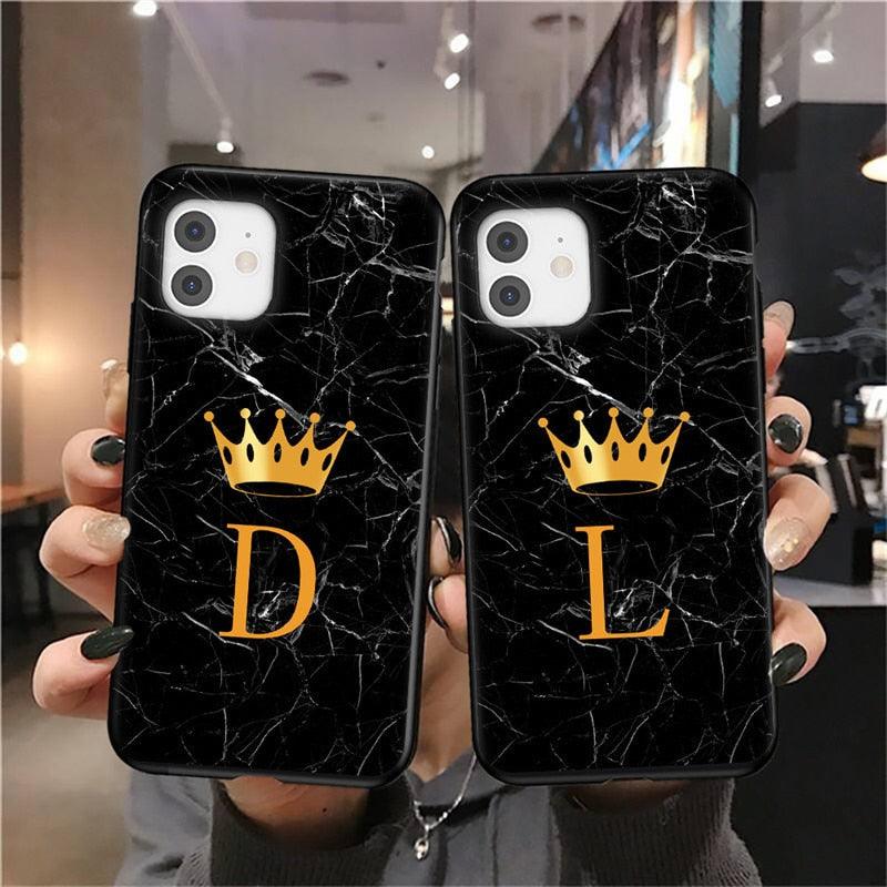 Étui de téléphone à la mode en silicone souple noir marbré de luxe avec lettre couronne pour iPhone 13 Pro Max 13 Mini Étui antichoc Mince et ajusté Housse arrière de téléphone portable noire