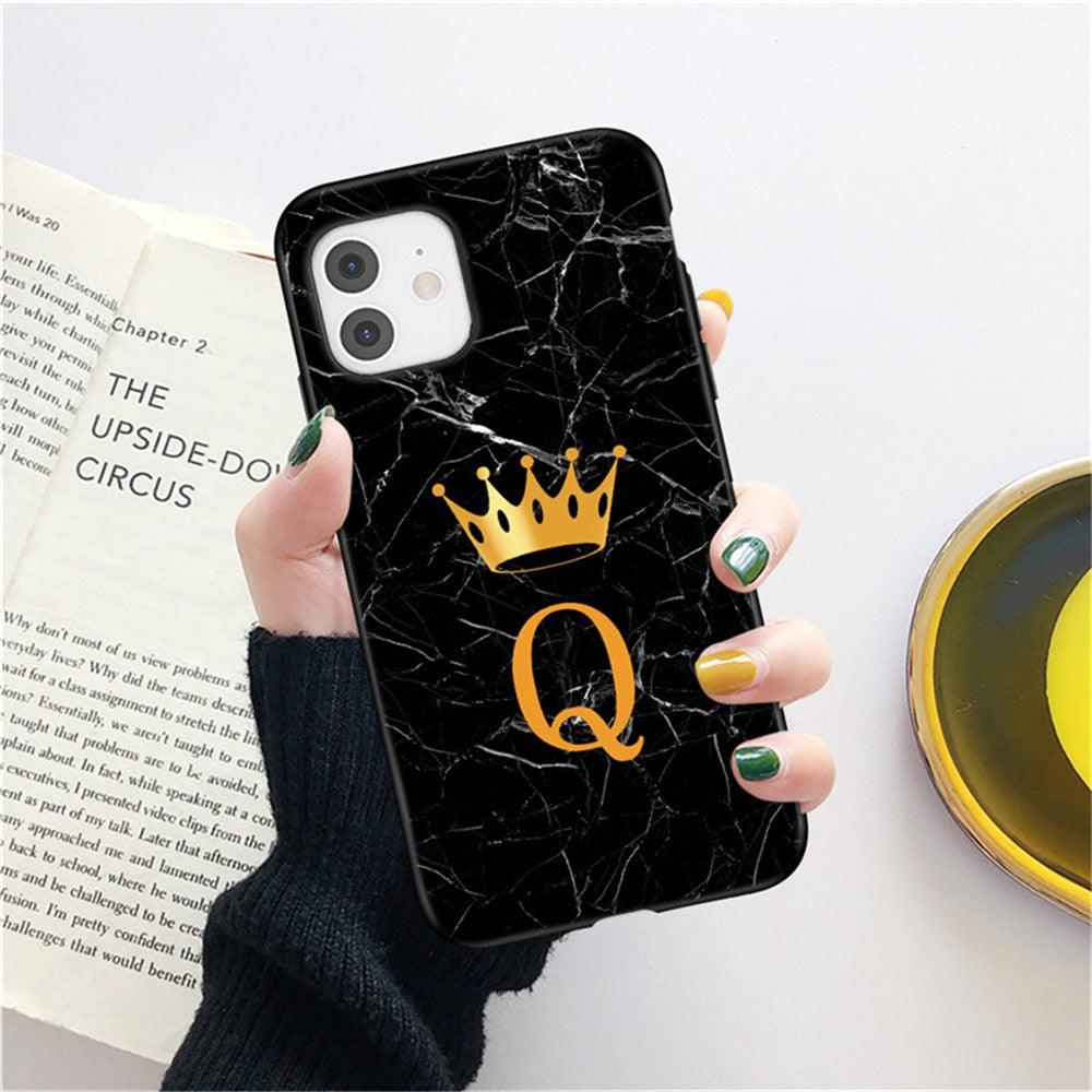 Étui de téléphone à la mode en silicone souple noir marbré de luxe avec lettre couronne pour iPhone 13 Pro Max 13 Mini Étui antichoc Mince et ajusté Housse arrière de téléphone portable noire