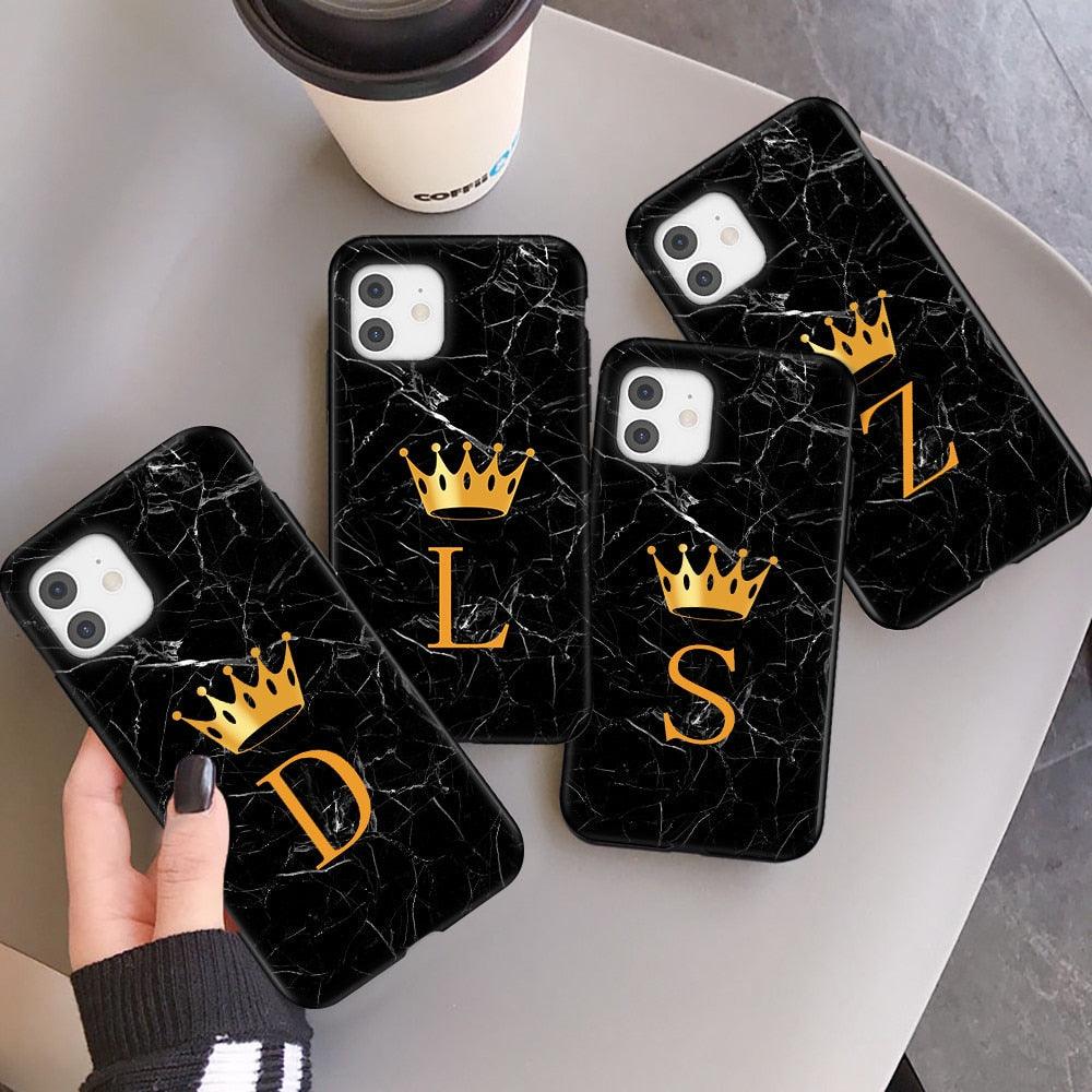 Étui de téléphone à la mode en silicone souple noir marbré de luxe avec lettre couronne pour iPhone 13 Pro Max 13 Mini Étui antichoc Mince et ajusté Housse arrière de téléphone portable noire
