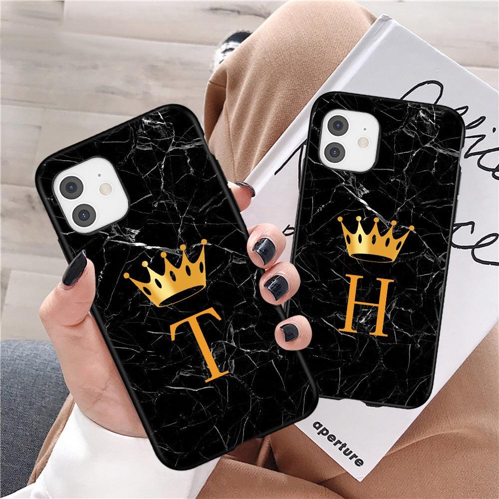 Étui de téléphone à la mode en silicone souple noir marbré de luxe avec lettre couronne pour iPhone 13 Pro Max 13 Mini Étui antichoc Mince et ajusté Housse arrière de téléphone portable noire